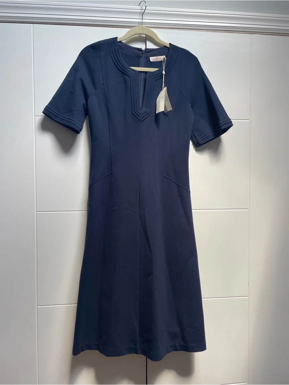 Tory Burch Jules Midi A-Line Dress Navy Blue Size S Short Sleeve Career